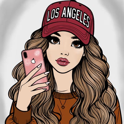 realistic beautiful girl wearing los ángeles cap holding an iphone