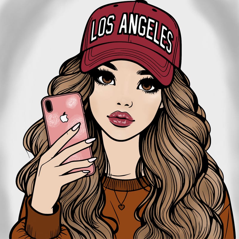 realistic beautiful girl wearing los ángeles cap holding an iphone