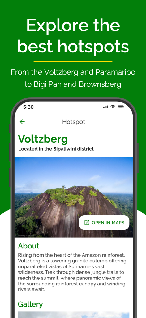 수리남 앱 여행 가이드 화면으로 Voltzberg 명소에 대한 세부 정보, 사진 및 화강암 노두에 대한 설명이 표시됩니다.