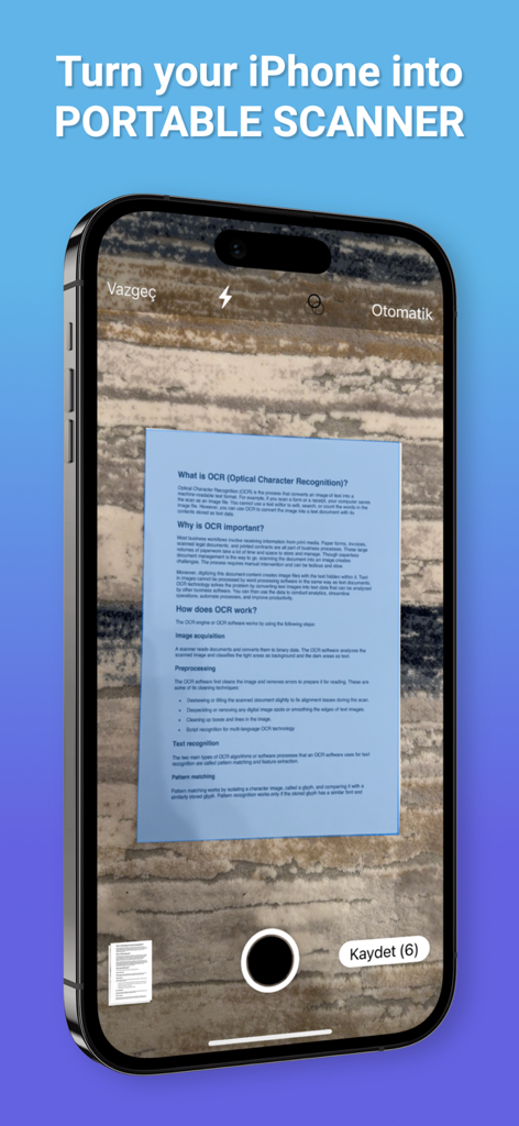 Scanner ProMax : PDF Converter - An iPhone screen displaying the Scanner ProMax app capturing a document with automatic edge detection on a textured surface.