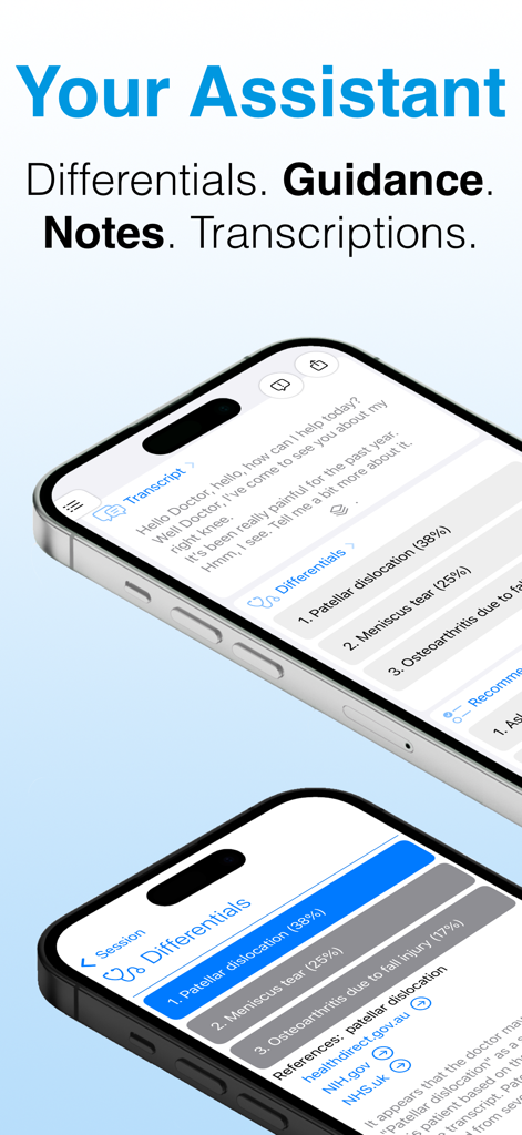 Diagnosis Pad - AI Doctor - Interfaz de la aplicación Diagnosis Pad mostrando transcripciones clínicas y una lista de diagnósticos diferenciales en iPhone