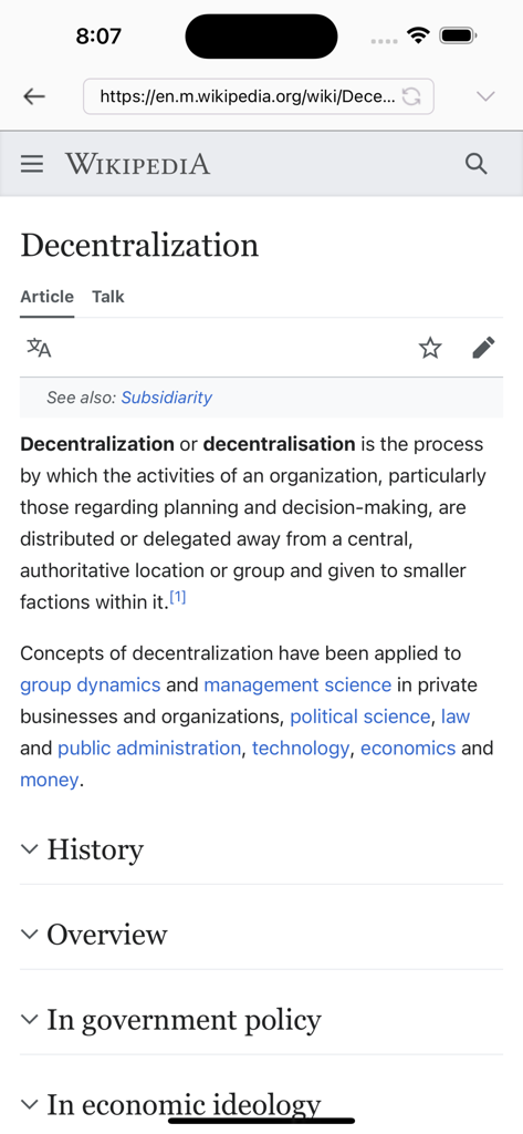 Pi Browser displaying a Wikipedia article about decentralization.