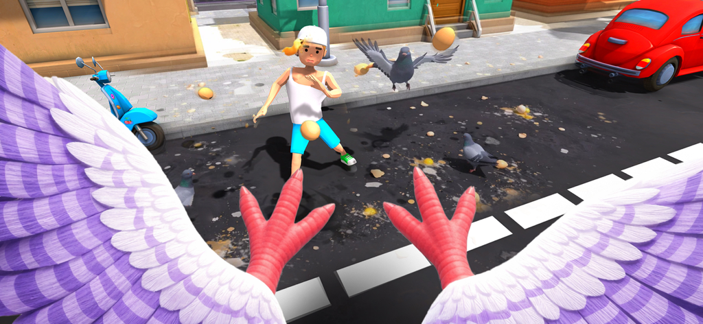 Prospettiva in prima persona di un piccione che vola sopra una strada cittadina interagendo con persone e oggetti.