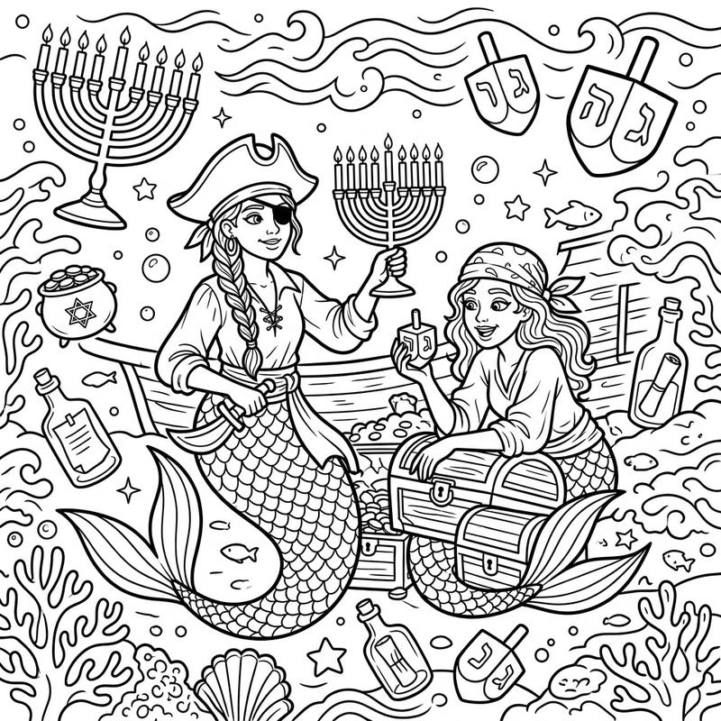Set sail on an extraordinary Hanukkah adventure with this delightful coloring page featuring two adventurous pirate mermaids. Discover a festive underwater world brimming with traditional symbols like menorahs, dreidels, and hidden treasure chests, ready for your artistic touch.