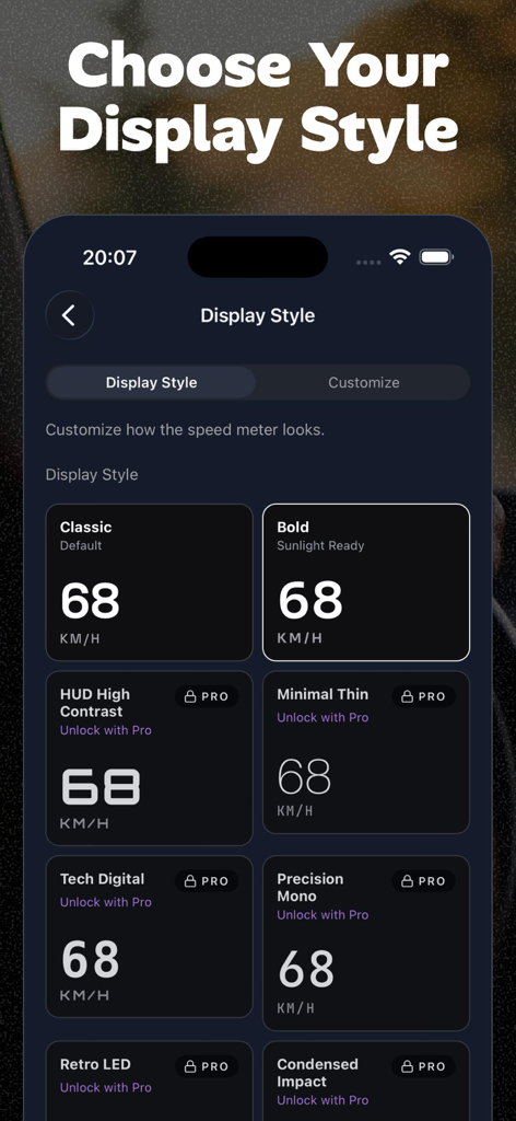GPS Speedometer & Speed HUD - Una selección de diferentes estilos de visualización del velocímetro digital en la interfaz de la aplicación