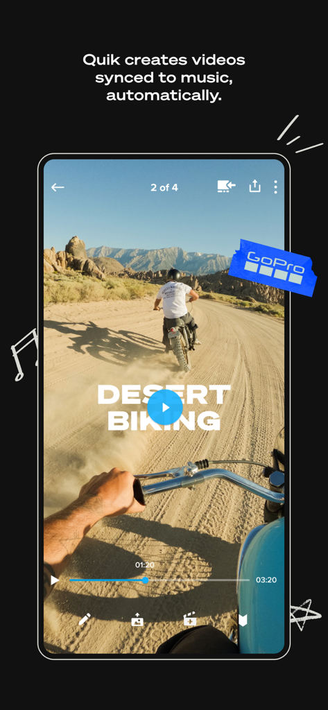 GoPro Quik app interface showing an automated video edit of desert biking synced to music
