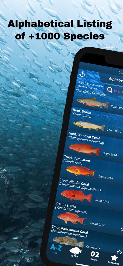iDfish - A mobile screen from iDfish showing an alphabetical listing of over 1000 fish species.