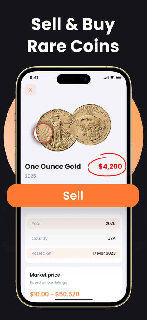Mobile app screen for selling and buying rare gold coins with valuation