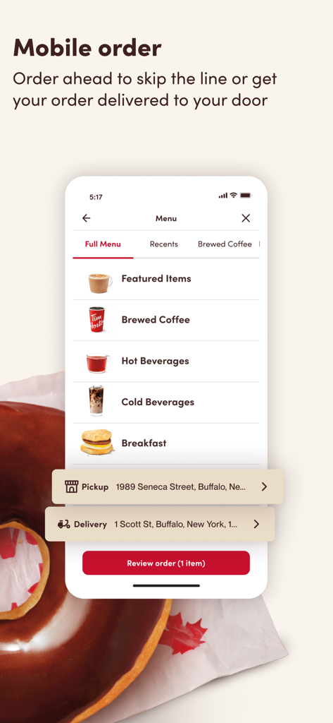 Tim Hortons app mobile order screen showing menu categories and options for pickup and delivery