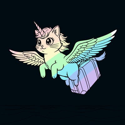 a unicorn cat flies through the sky above the water, and next to it flies a suitcase with wings. super detailed.