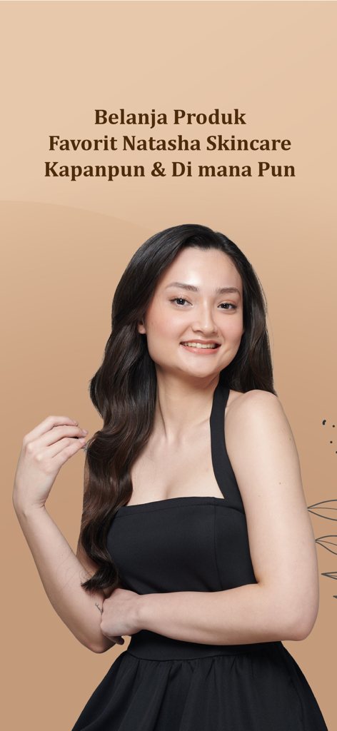 A smiling young woman with glowing skin promoting the Natasha Skincare shopping app for clinical beauty products