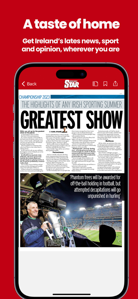 Smartphone affichant l'application du journal Irish Daily Star avec un article de sport sur le championnat GAA 2023