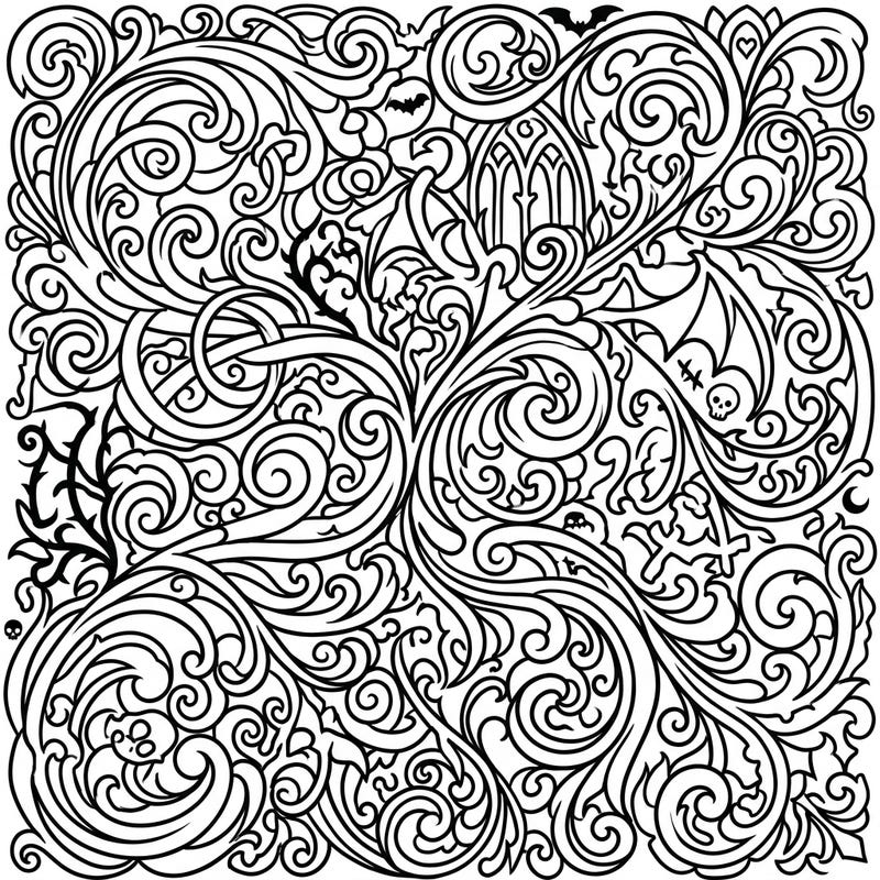 Immerse yourself in the dark beauty of this gothic swirling patterns coloring page. Featuring intricate spirals, elegant curves, and subtle gothic elements, it offers a captivating and artistic escape.