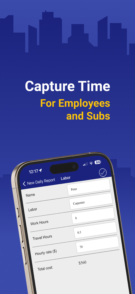 Bildschirm der mobilen App zeigt die Zeiterfassung mit Feldern für Mitarbeiternamen, Arbeitsstunden und Stundensätze