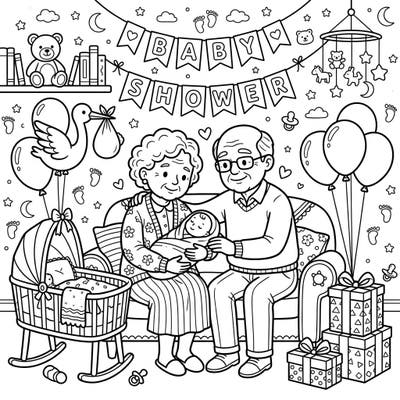 This heartwarming coloring page captures the pure joy of grandparents celebrating a baby shower. Dive into a scene filled with tender moments, adorable baby items, and loving family anticipation, perfect for all ages.