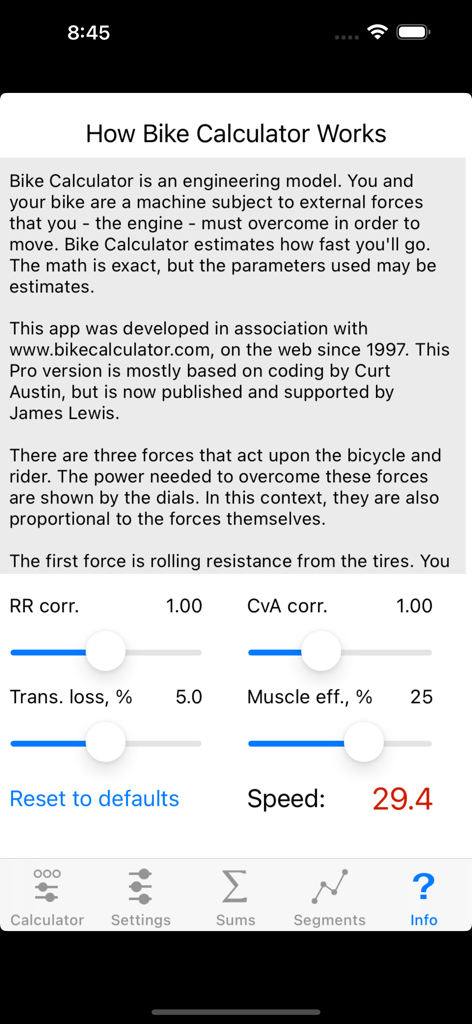 Info screen of the Bike Calculator Pro app explaining the engineering model and showing adjustable parameters like rolling resistance and muscle efficiency.