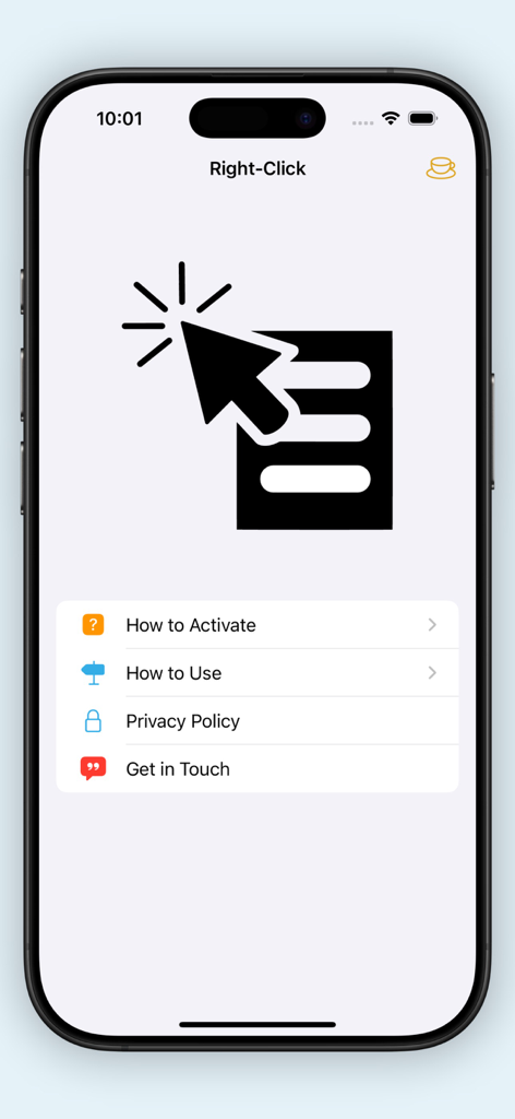 Der Hauptmenübildschirm der Right-Click Safari-Erweiterungs-App auf einem iPhone.