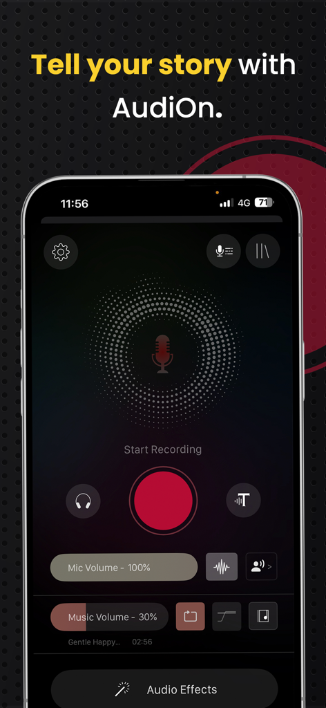 AudiOn: Voice Recorder & Memos - Interface d'enregistrement de l'application AudiOn avec un bouton de démarrage de l'enregistrement et des contrôles du volume du micro.