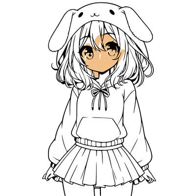 pretty anime girl wearing a fluffy hoodie with bunny ears on the hood and a skirt