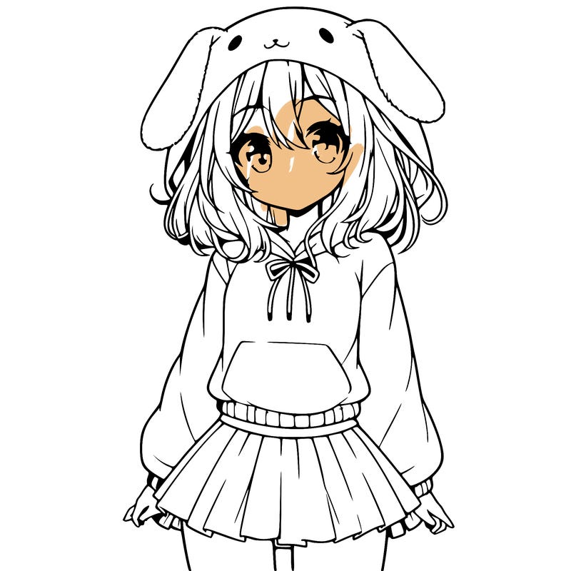 pretty anime girl wearing a fluffy hoodie with bunny ears on the hood and a skirt