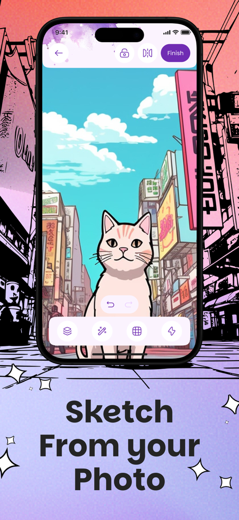 Mobile app interface for AR Drawing showing a cat sketch created from a photo