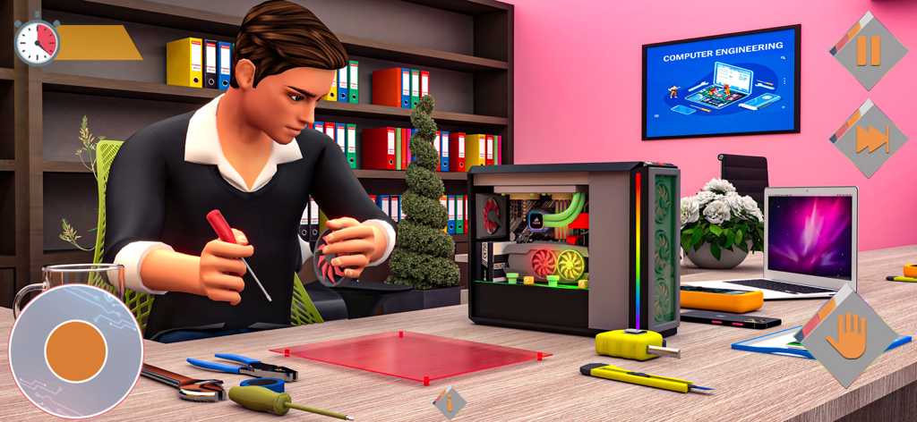 Repair & Fix Electronics Games - A character repairing a desktop computer in a simulation game workshop