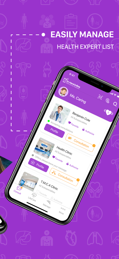 Una pantalla de smartphone que muestra la aplicación Dr. Here Online con una lista de expertos y clínicas de salud para gestionar.