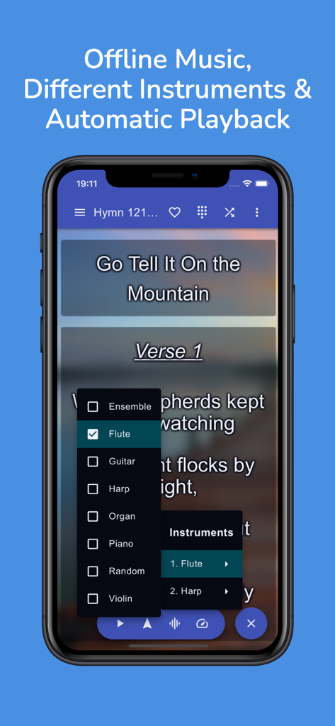 SDA Hymnal - Offline Music - Interfaz de la aplicación Himnario Adventista que muestra la selección de instrumentos para la reproducción de música sin conexión.