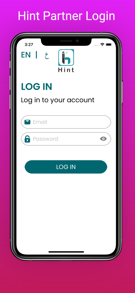 Hint App - Partner - Pantalla de inicio de sesión de la aplicación Hint Partner con campos de correo electrónico y contraseña para gerentes de negocios