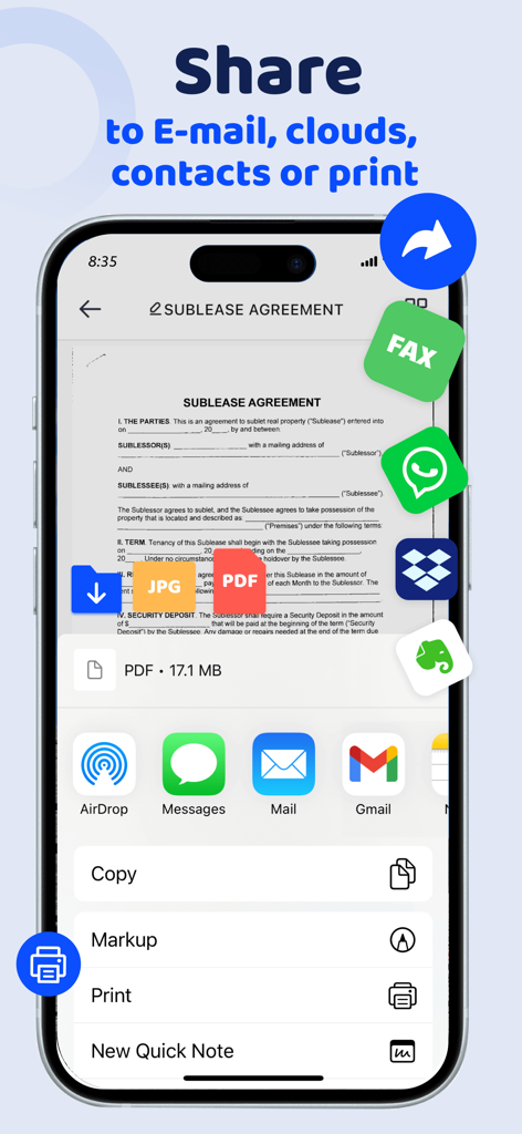 Scanner App: ScanMaster - Interface of ScanMaster app showing options to share scanned documents via email cloud storage and messaging apps