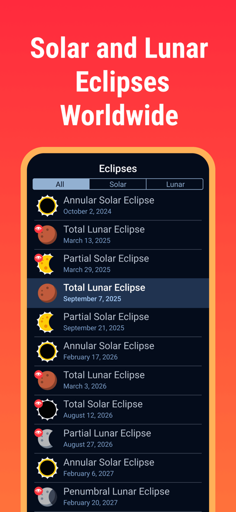 Eclipse Guide：September 2025 - A chronological list of upcoming solar and lunar eclipses worldwide with event dates and celestial icons.