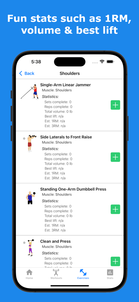 Gains - Gym Workout Plan & Log - Interfaz de la aplicación Gains que muestra ejercicios de hombro y estadísticas de entrenamiento que incluyen 1RM y volumen