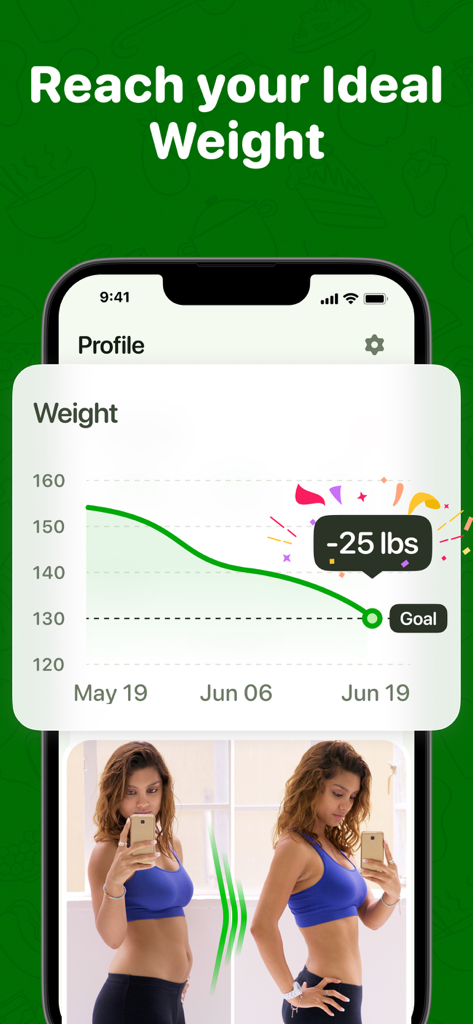 Weight tracking graph and before and after photos in the Calo app