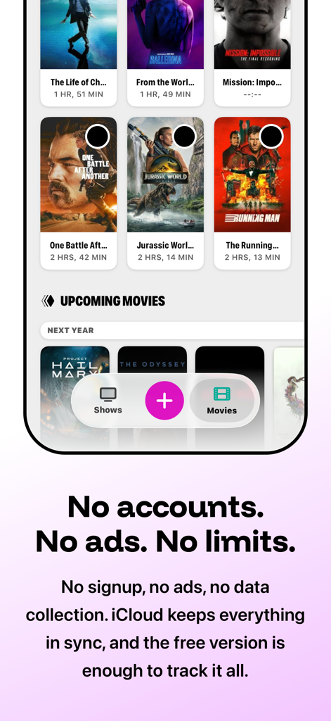 Showline: TV & Movie Tracker - Showline app interface showing a movie watchlist and highlighting privacy features like no ads and iCloud sync.