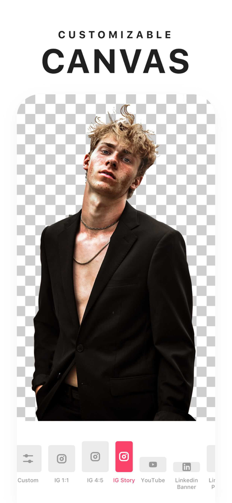 Background Eraser - Remove BG* - Background Eraser app interface showing a transparent background cutout with social media canvas size options like Instagram and YouTube