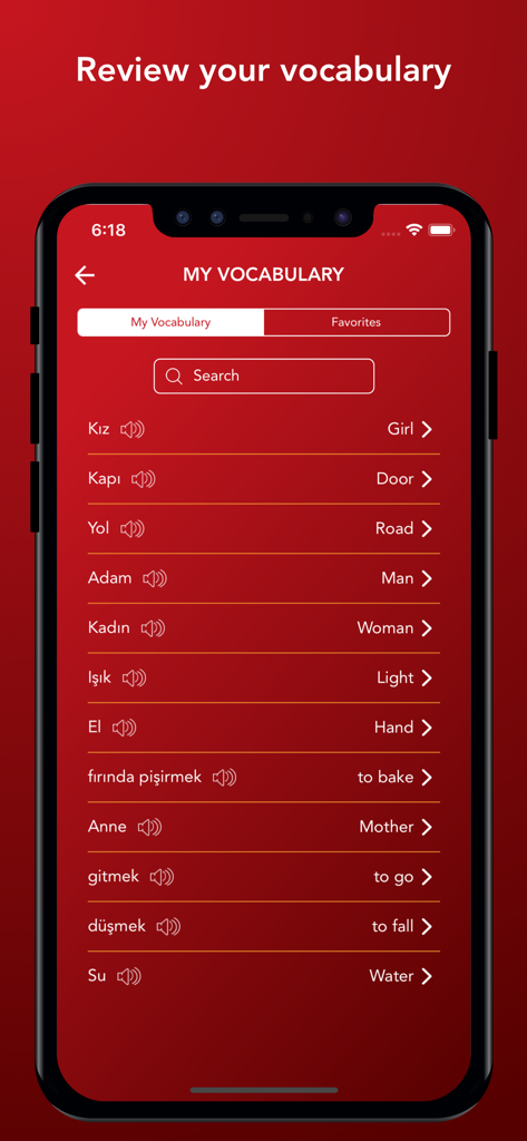 Tobo: Learn Turkish Vocabulary - A list of Turkish words with English translations and audio buttons in the Tobo vocabulary app.