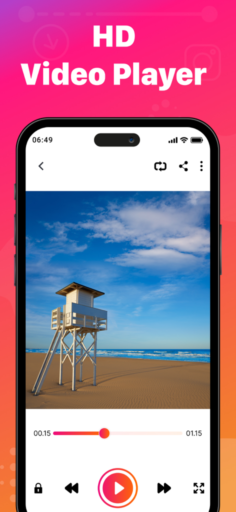 Interface du lecteur vidéo HD dans l'application Instant Saver montrant une vidéo d'une plage