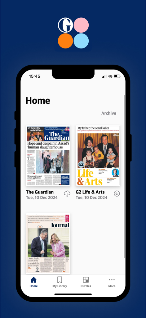 The Guardian Editions - Pantalla de inicio de la aplicación The Guardian Editions mostrando las ediciones de periódicos digitales diarios disponibles