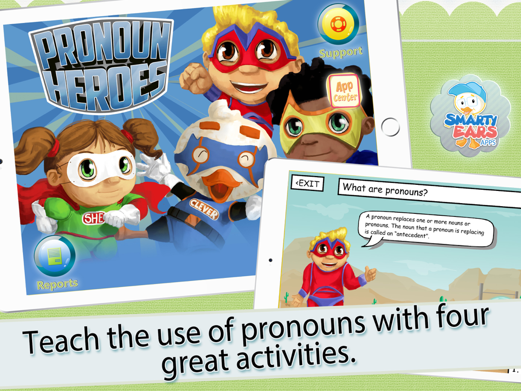 Pronoun Heroes - Pronoun Heroes app home screen featuring superhero characters and a lesson on pronouns for children