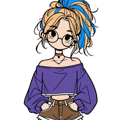 girl with a messy ponytail glasses a baggy crop top and jean shorts