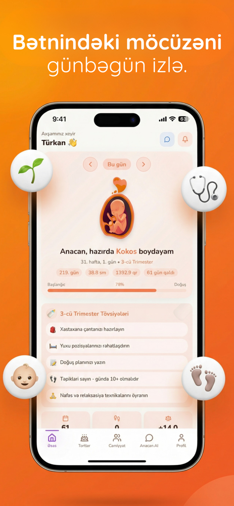 Anacan - Una pantalla de teléfono inteligente que muestra la interfaz de la aplicación Anacan en azerbaiyano para el seguimiento del embarazo, con una comparación del crecimiento del bebé con un coco, el progreso del trimestre y recomendaciones diarias de salud.