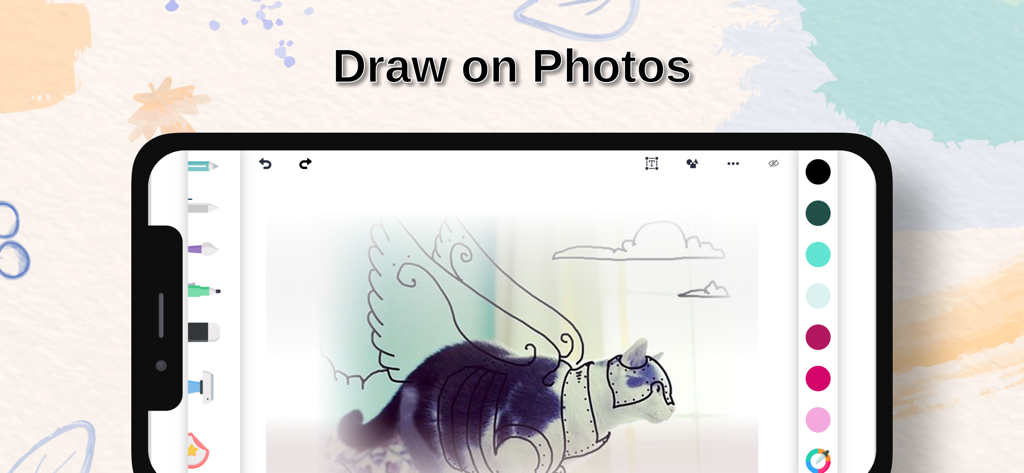 Un smartphone mostrando la interfaz de la aplicación móvil para dibujar y hacer bocetos sobre fotos existentes