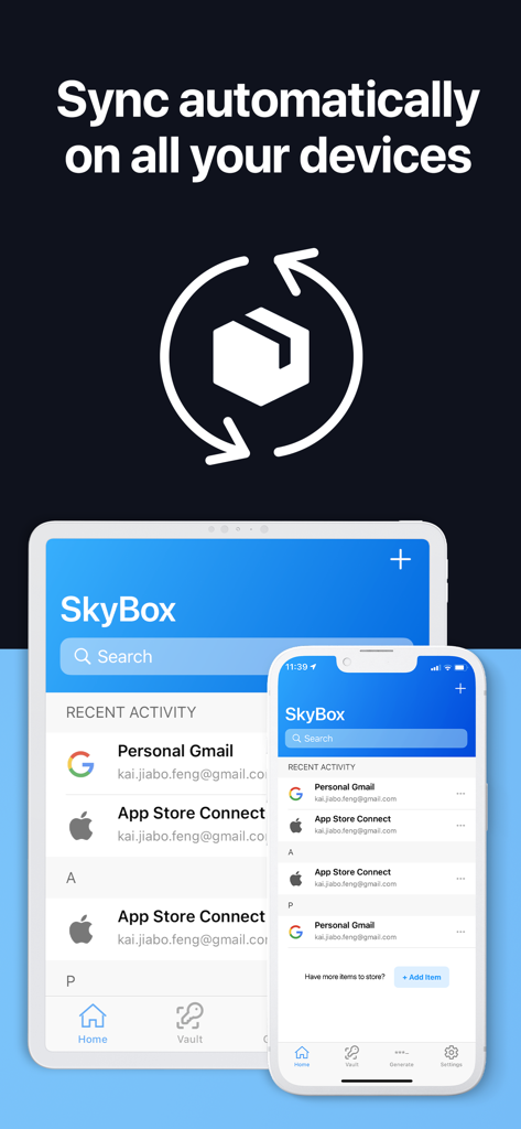Password Manager App - SkyBox - Interfaz de SkyBox password manager mostrando sincronización automática en iPhone y iPad