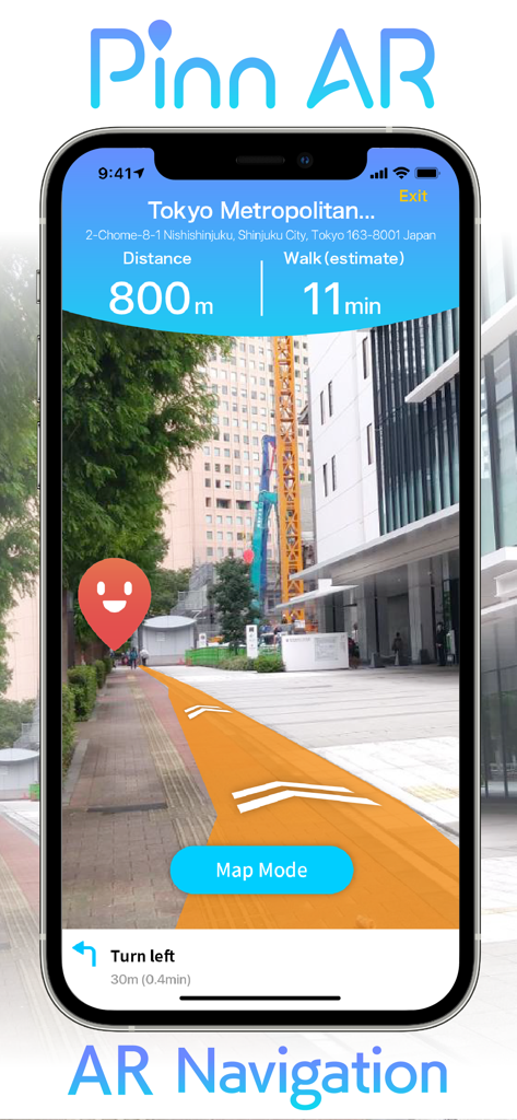 PinnAR - PinnAR app showing augmented reality walking directions and destination pin on a city street in Tokyo