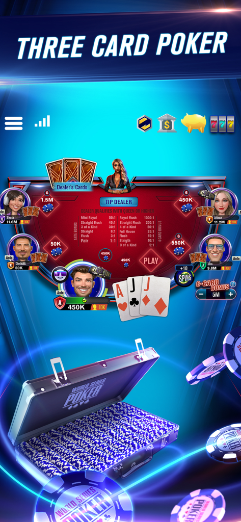 Schermata di gioco del Three Card Poker dell'app WSOP Poker che mostra un tavolo virtuale con giocatori e una valigetta piena di gettoni da poker.