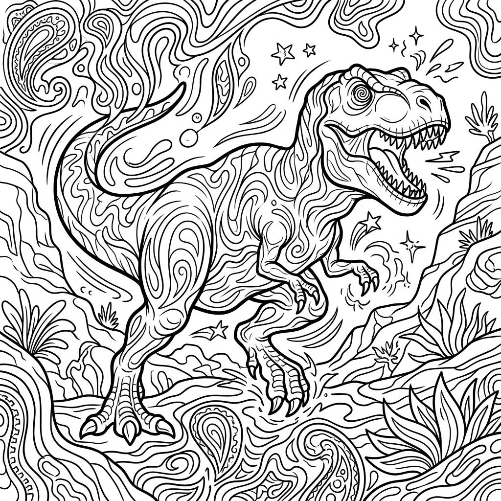 T-Rex Hunting Psychedelic Coloring Page for Adults