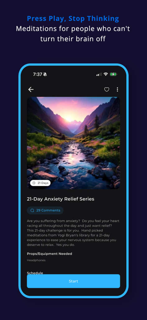 Chill Pill app interface showing a 21 day anxiety relief series with a scenic river and mountain landscape