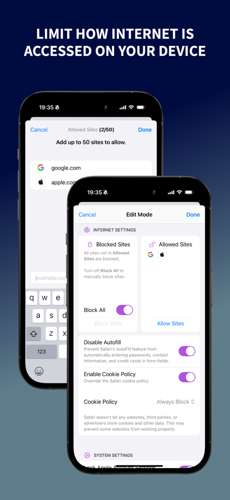 Guest Mode: Lock Apps - App interface showing internet settings for blocking or allowing specific websites in Guest Mode