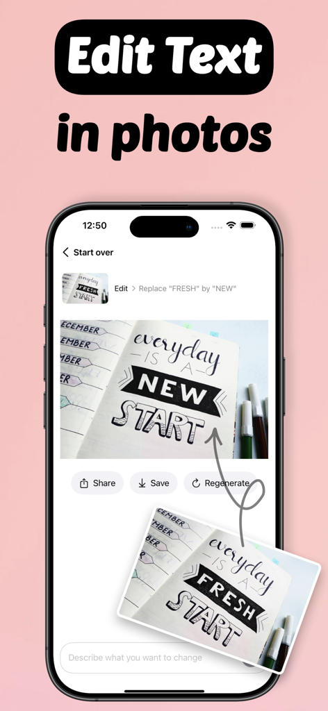 Flux Kontext: AI Image Editor - iPhone screen showing Flux Kontext app replacing text in a photo from FRESH to NEW using a natural language prompt