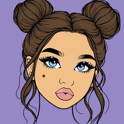 realistic girl with two buns on her hair and lips